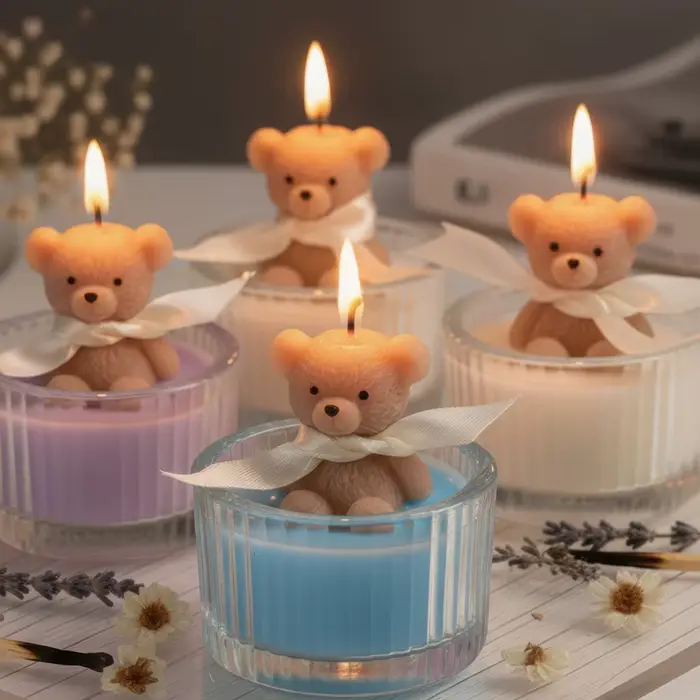 Bougie de soja en forme d'ours en peluche de luxe parfumée dans un pot en verre avec ruban