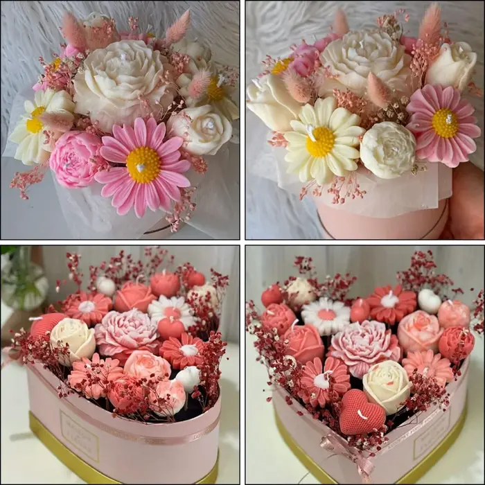 Ensemble de 5 moules à bougies florales individuelles rose marguerite pivoine design cœur silicone gel pour artisanat et bricolage occasions spéciales