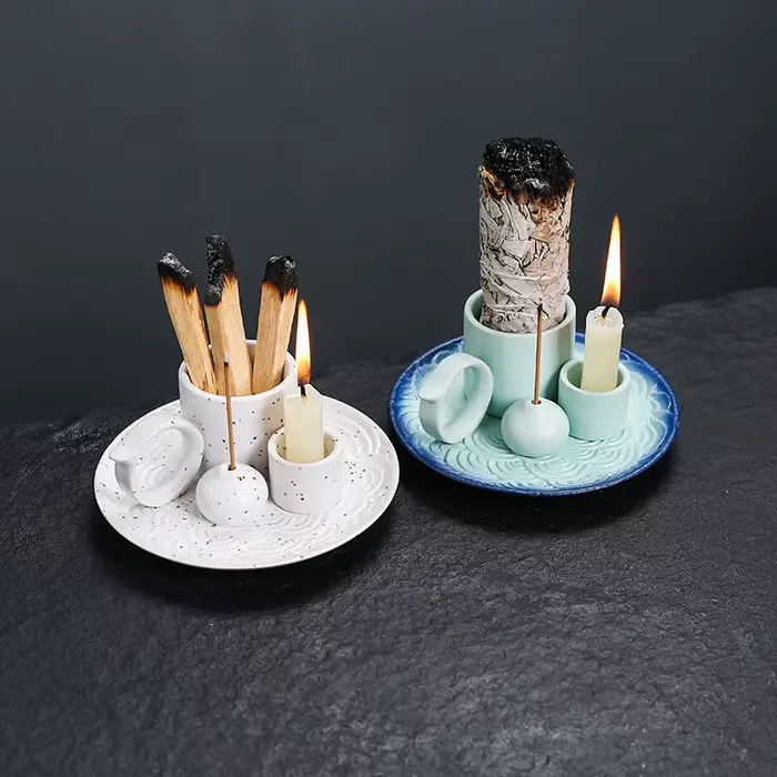 Brûleur d'encens 4 en 1 multifonctionnel support Palo Santo sauge bâton bougeoir céramique pour salon méditation ambiance apaisante et relaxante