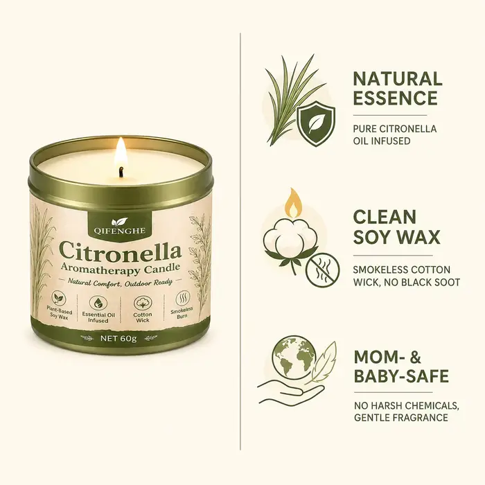 Bougie parfumée à la citronnelle 60g, cire de soja naturelle, aromathérapie, anti-moustiques, bougie en boîte pour chambre, balcon, jardin, camping