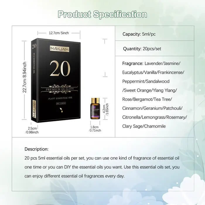 20 pièces Kits boîte-cadeau huile essentielle pour diffuseur pur naturel extrait de plante encens vanille citron menthe jasmin huile d'arbre à thé