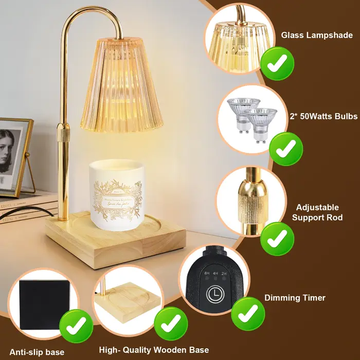 Lampe chauffe-bougie vintage avec minuterie et 2 ampoules chauffe-cire électrique réglable lumière chauffante sans flamme pour bougie en pot parfumé
