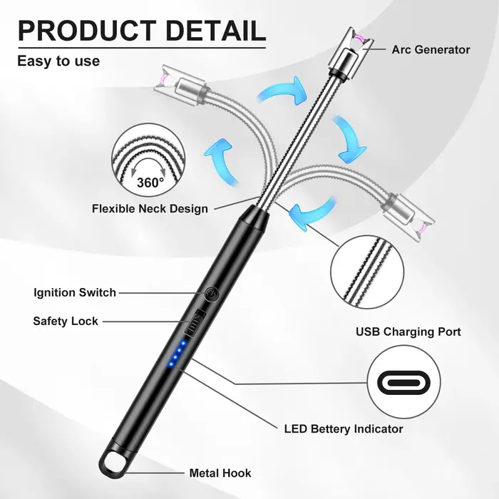 Briquet à Bougie Coupe-Vent à Arc Électrique Rechargeable USB Avec Batterie LED Pour Soirées Magiques Occasions Spéciales