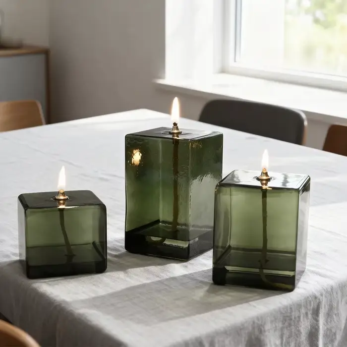 Porte-bougie en verre européen, lampe à huile créative sans fumée, couleur verte, porte-bougie carré, décoration de bureau à domicile, cadeau