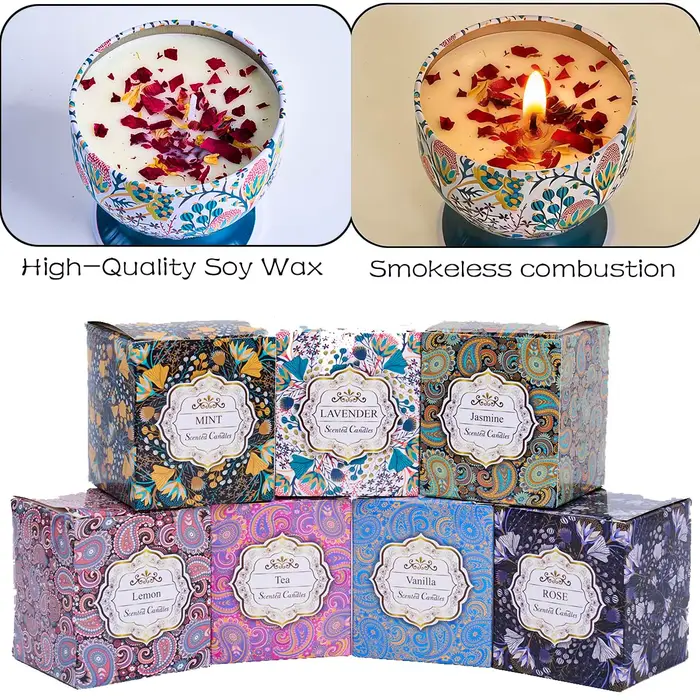 Boite à bougies parfumées aux senteurs florales rose lavande gobelet pot encens sans fumée cire decoration maison cadeau anniversaire mariage