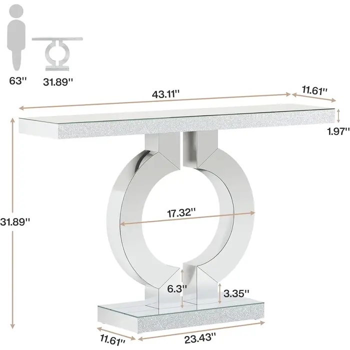 Table console en miroir avec base en forme de O, table d'entrée, table de canapé en verre avec finit