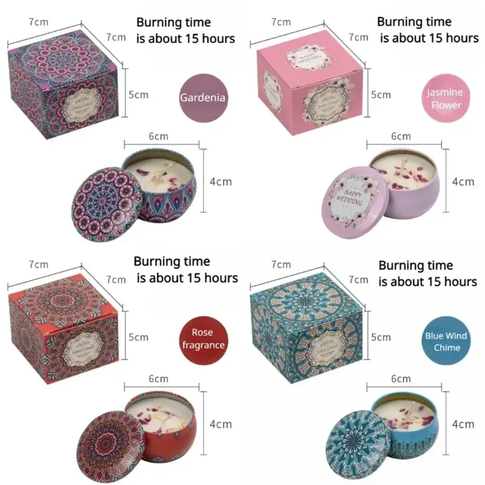 Lot de 4 bougies parfumées à la rose, en boîte métallique, en cire de soja, sans odeur et sans fumée