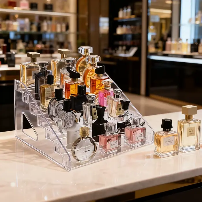 Présentoir de comptoir transparent à boucles type échelle pour organiser parfums cosmétiques et huiles essentielles sur meuble coiffeuse