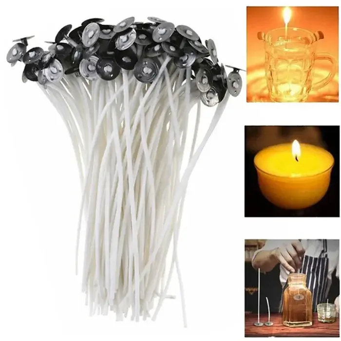 Ensembles de 100 mèches de bougie pré-cirées en coton naturel pour bricolage et artisanat à faible fumée pour projets DIY