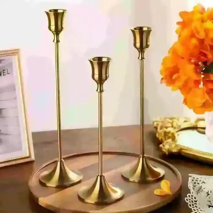 Ensemble de 3 bougeoirs coniques dorés, chandeliers modernes en métal pour centre de table, mariage et décoration intérieure