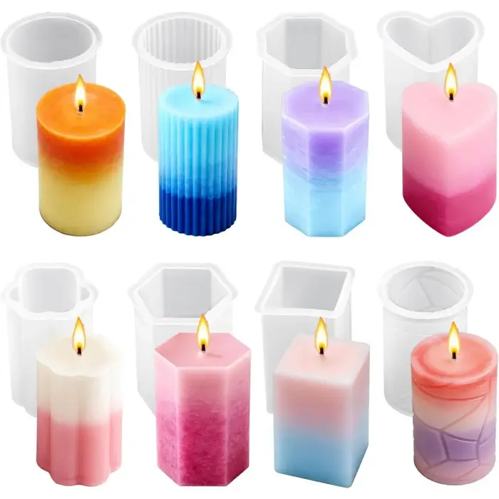Ensemble de 8 moules à bougies réutilisables en silicone - Cylindrique/Hexagonal/Octogonal/En forme de cœur/En