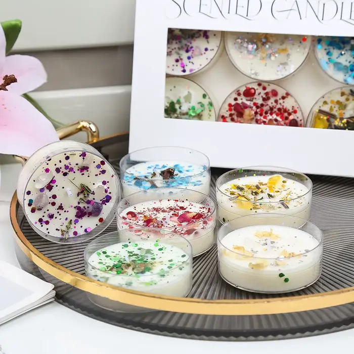 Coffret cadeau de bougies à fleurs scintillantes de 6 pièces – Décor floral conservé et scintillant