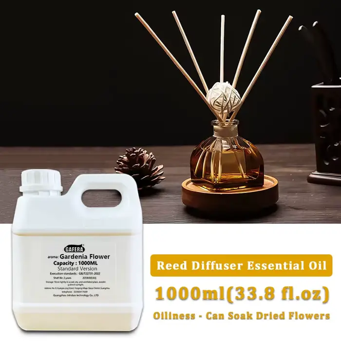 GAFERA 1000ml (33.8 fl.oz) Huiles essentielles d'aromathérapie sans flamme à la fleur de gardénia, Huile diffuseur à bâtonnets pour hôtel, Grand flacon de parfum