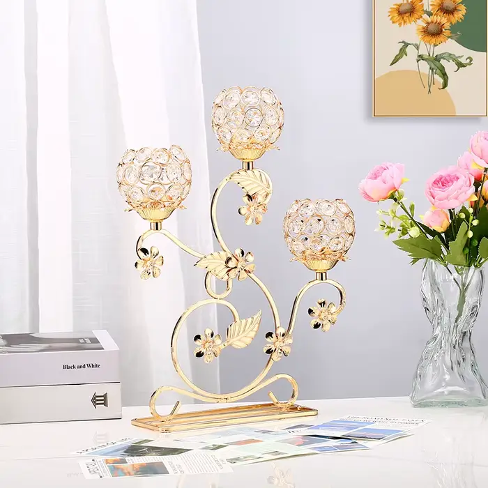 1pc 3 bras bougeoir en métal doré candélabre, chandelier en forme de fleur Vintage pour centre de Table fête d'anniversaire de mariage