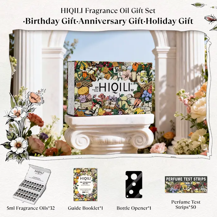 HIQILI 5ml, Coffret de 32 Huiles Parfumées, Cadeau de Fêtes pour Petite Amie, Parfum d'Ambiance, Diffuseur/Humidificateur, Huile Parfumée Composée