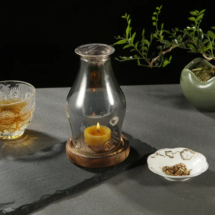 Bougeoir en verre, support chauffant avec Base en bois