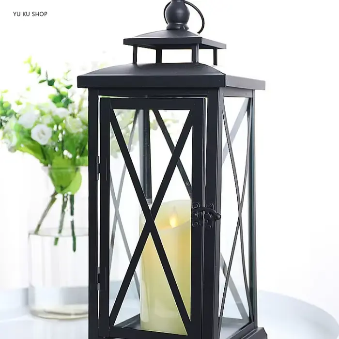 Bougeoirs en verre de lanterne coupe-vent, grands bougeoirs en métal, design moderne de mariage noir, marocain ci-après, décoration d'intérieur