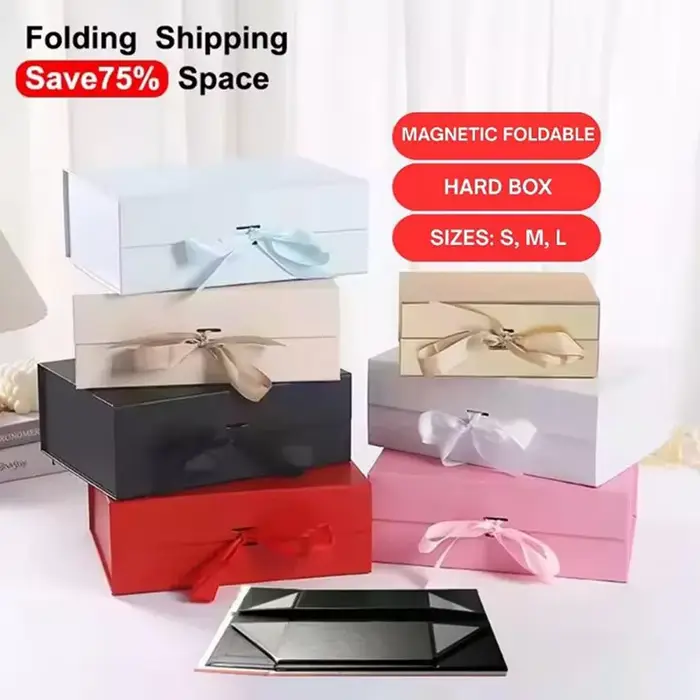 Boîtes cadeaux pliables magnétiques à couvercle rabattable, ruban satiné, plusieurs couleurs, pour mariage, anniversaire, fêtes, emballage élégant