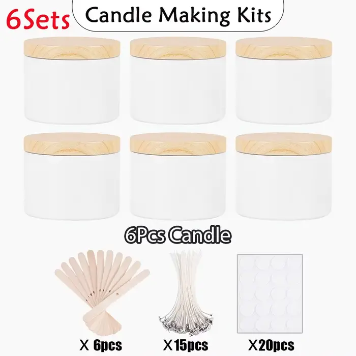 Kit de fabrication de bougies DIY 6 pièces avec pots en fer blanc mat et couvercles imitation bois -