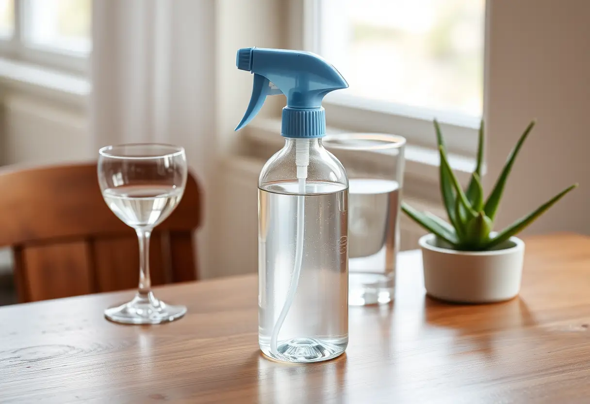 Un pulvérisateur rempli de liquide clair posé sur une table en bois à côté d'un verre d'eau et d'un petit pot d'aloe vera