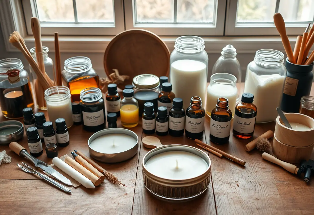Tableau de travail avec des outils et des composants de bougies parfumées