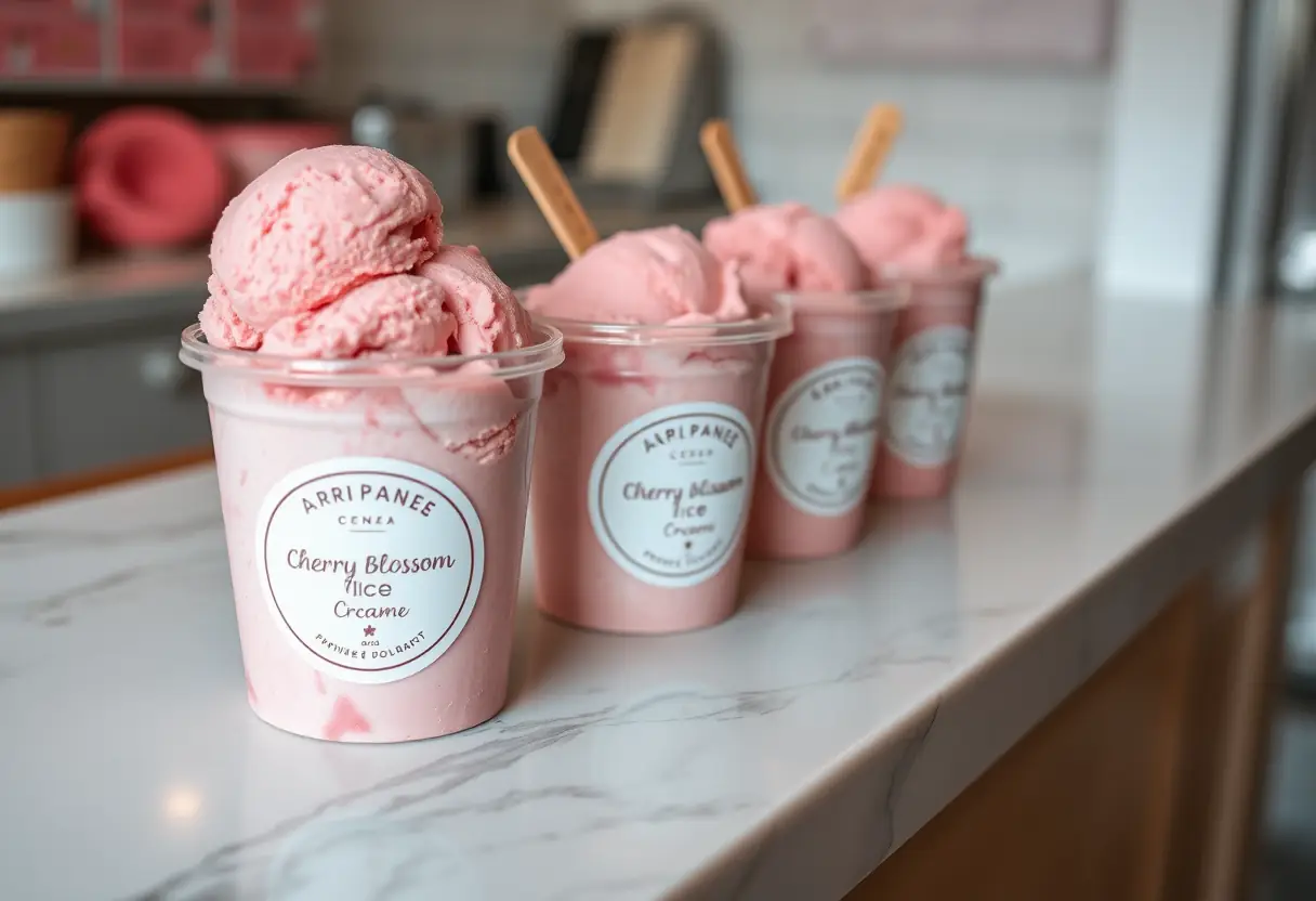 Conteneurs de glace artisanale sur un comptoir en marbre