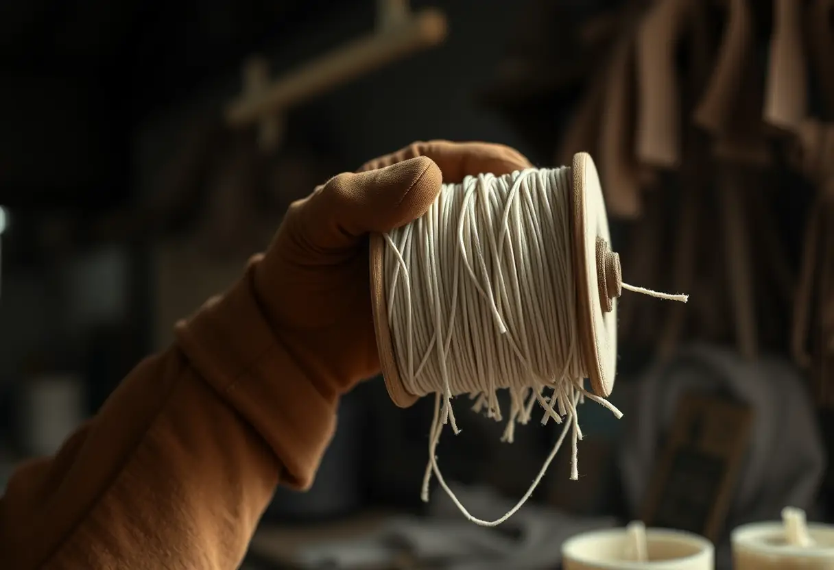 Une main gantée tenant un fil de cire mélangé coton-lin dans un atelier