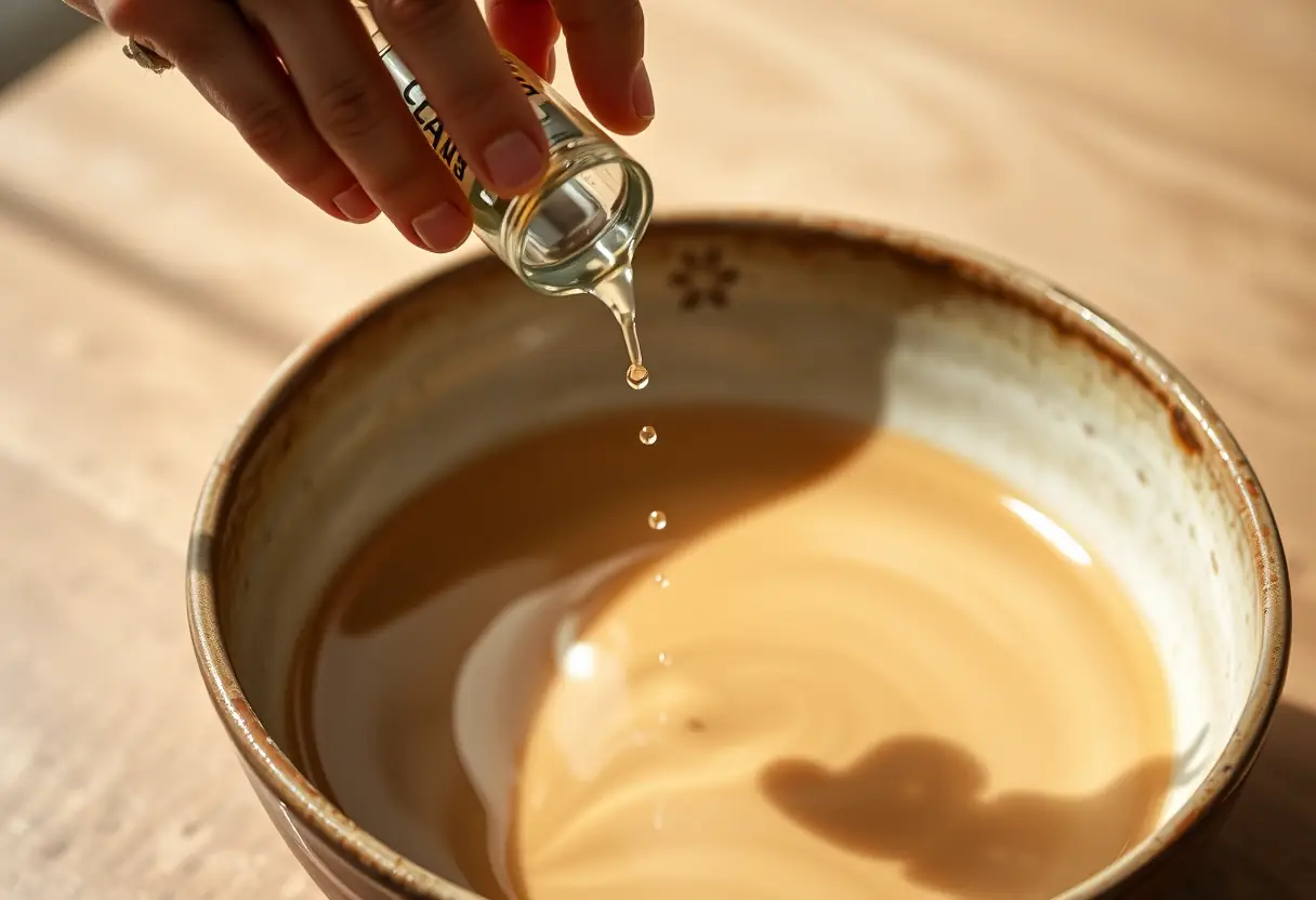 Une main qui verse quelques gouttes de liquide clair dans un grand bol céramique