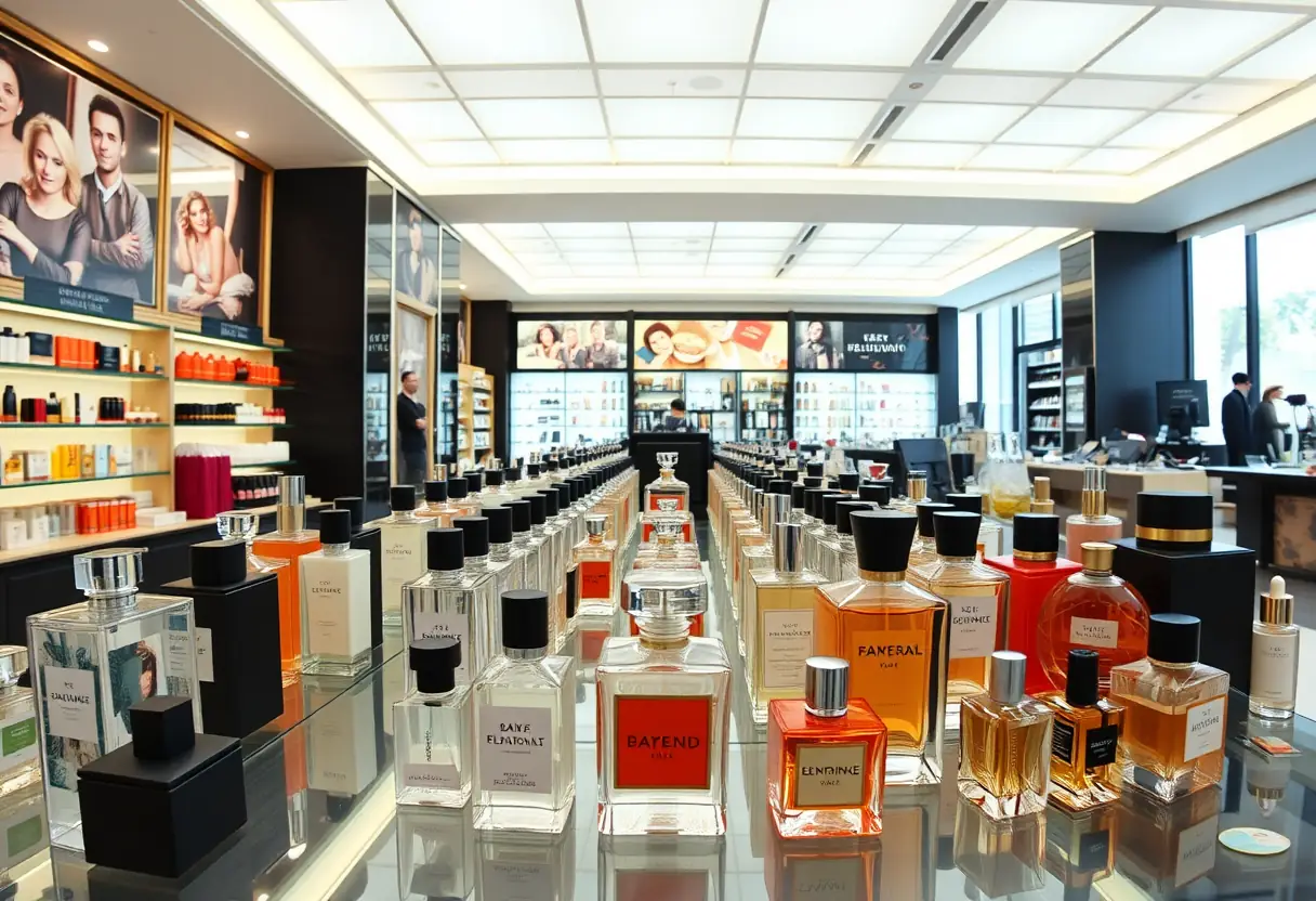 Un comptoir de parfumerie dans un grand magasin, présentant divers flacons élégamment disposés