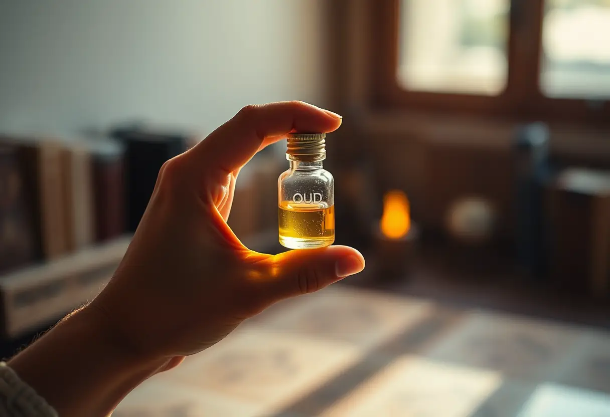 Une main tenant un petit flacon contenant quelques gouttes d'huile oud dans une étude calme