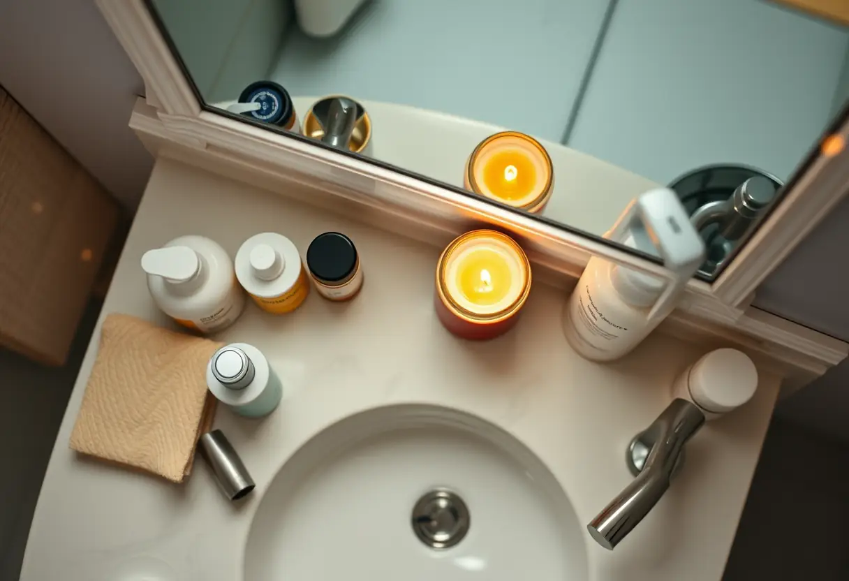 Vue d'ensemble d'une table de toilette avec une bougie parfumée allumée