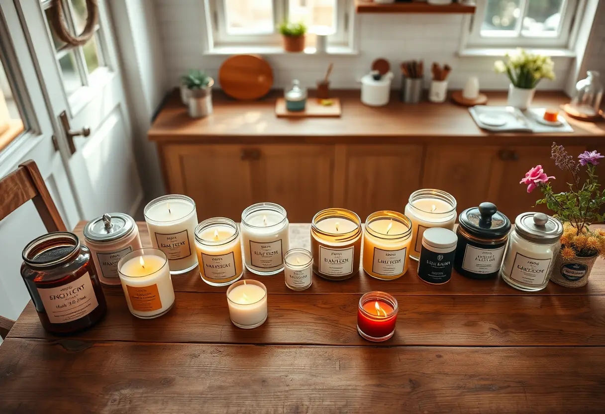 Des bougies naturellement parfumées disposées sur une table en bois brut dans une cuisine