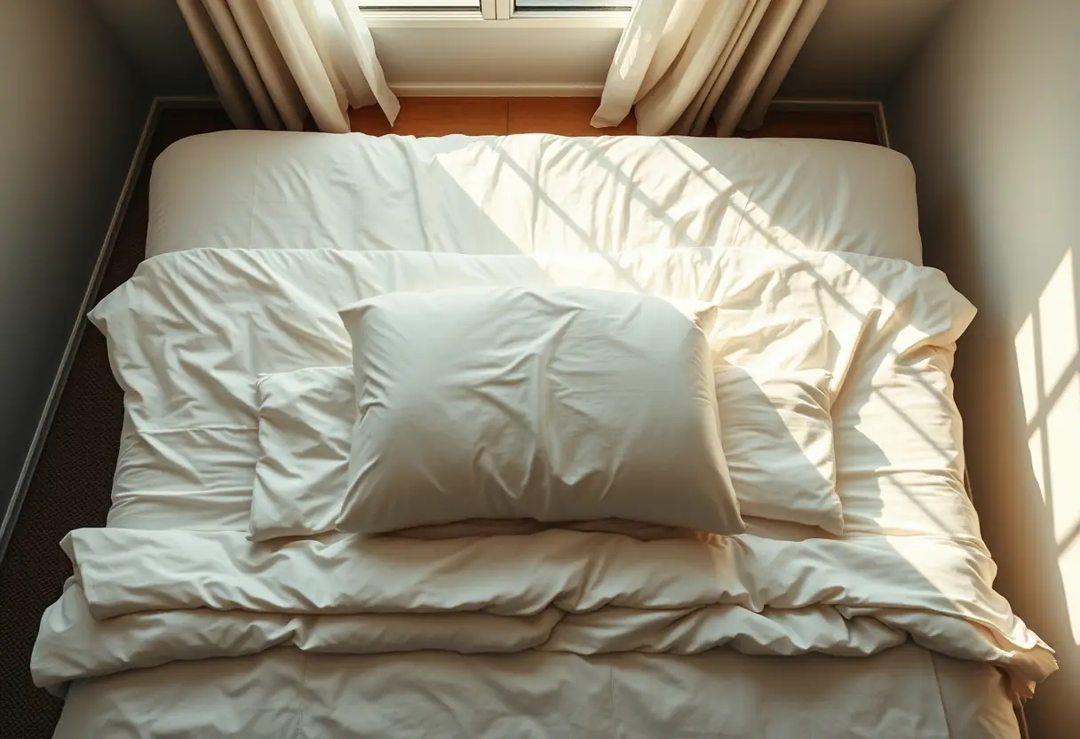 Vue aérienne d'une chambre avec des linges pliés soigneusement sur un lit