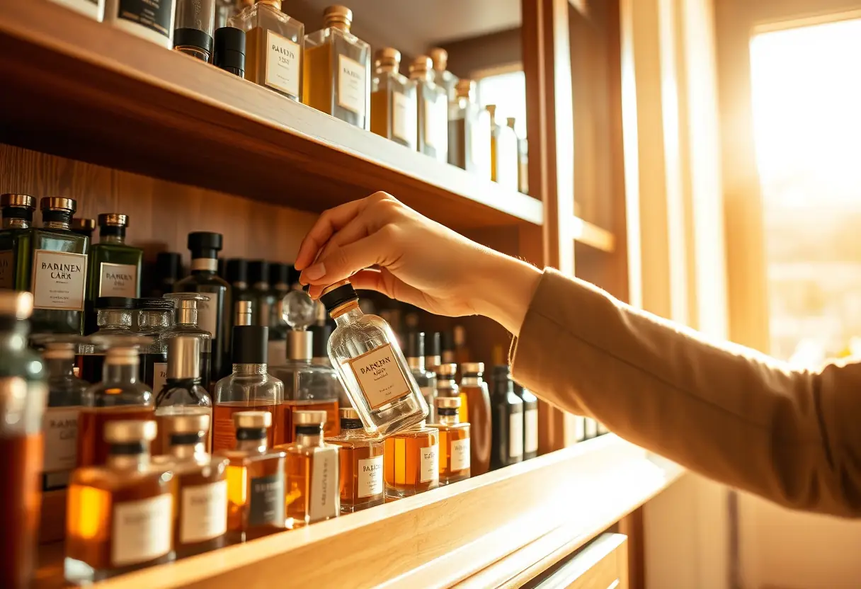 Une main choisissant délicatement un flacon de parfum