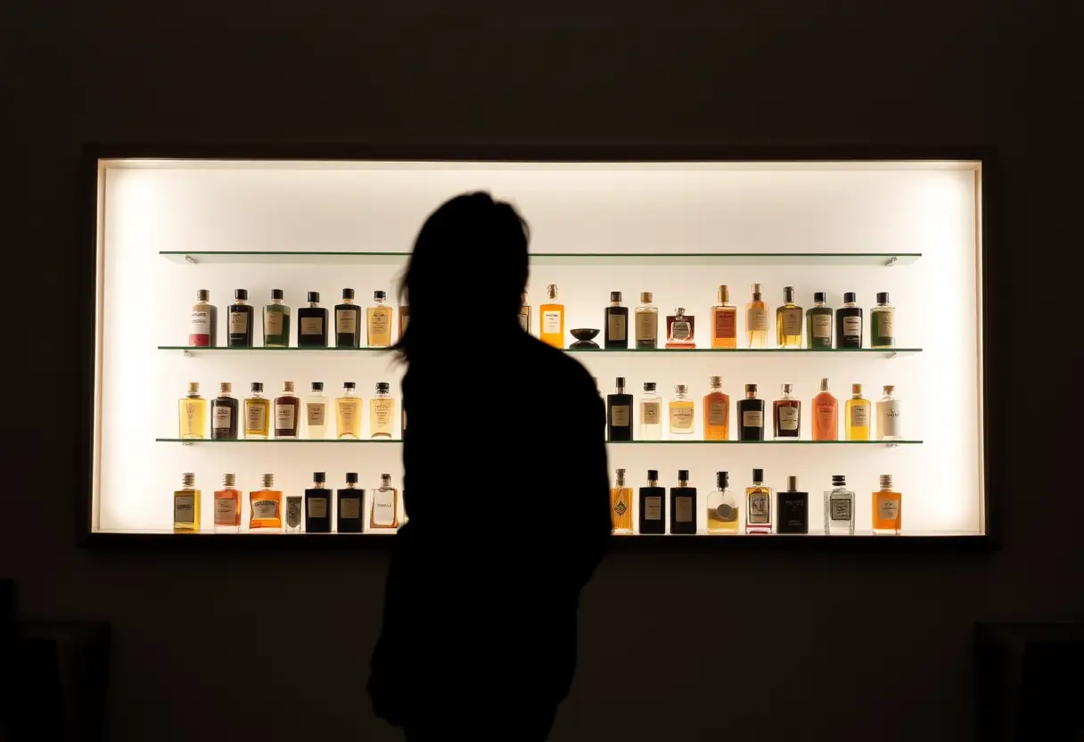 Un silhouetté se tient devant un miroir mural qui reflète des rangées de flacons de parfum