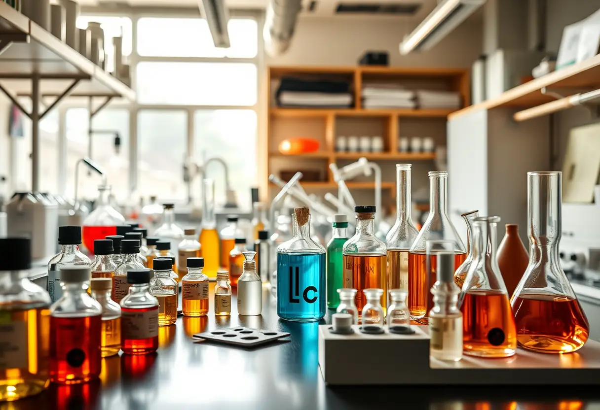 Un laboratoire rempli de fioles et de tubes contenant des liquides colorés, illustrant la création minutieuse d'un parfum unique.