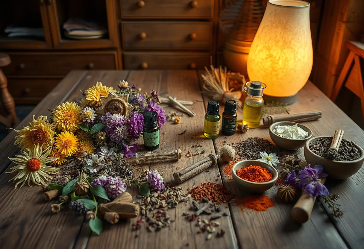 Tableau de parfumerie avec des fleurs sèches et des épices