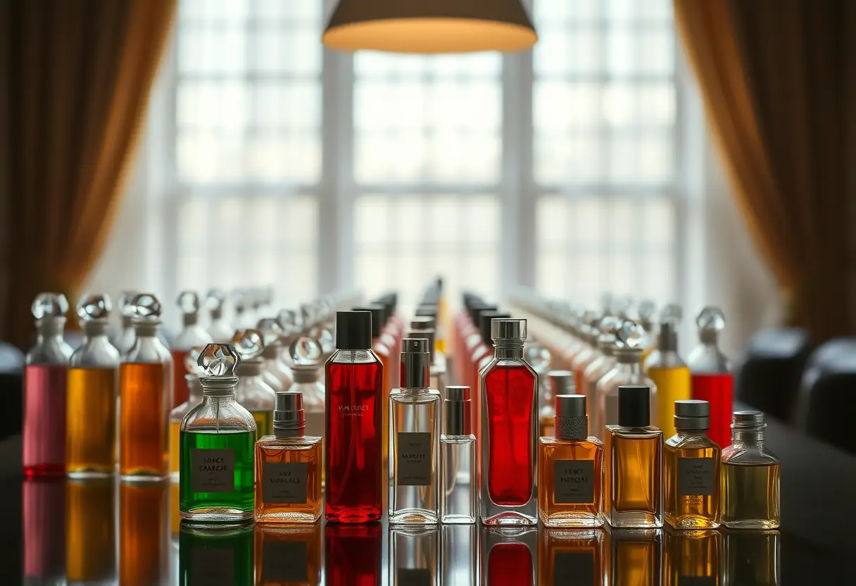 Un bureau couvert de flacons de parfum aux couleurs variées