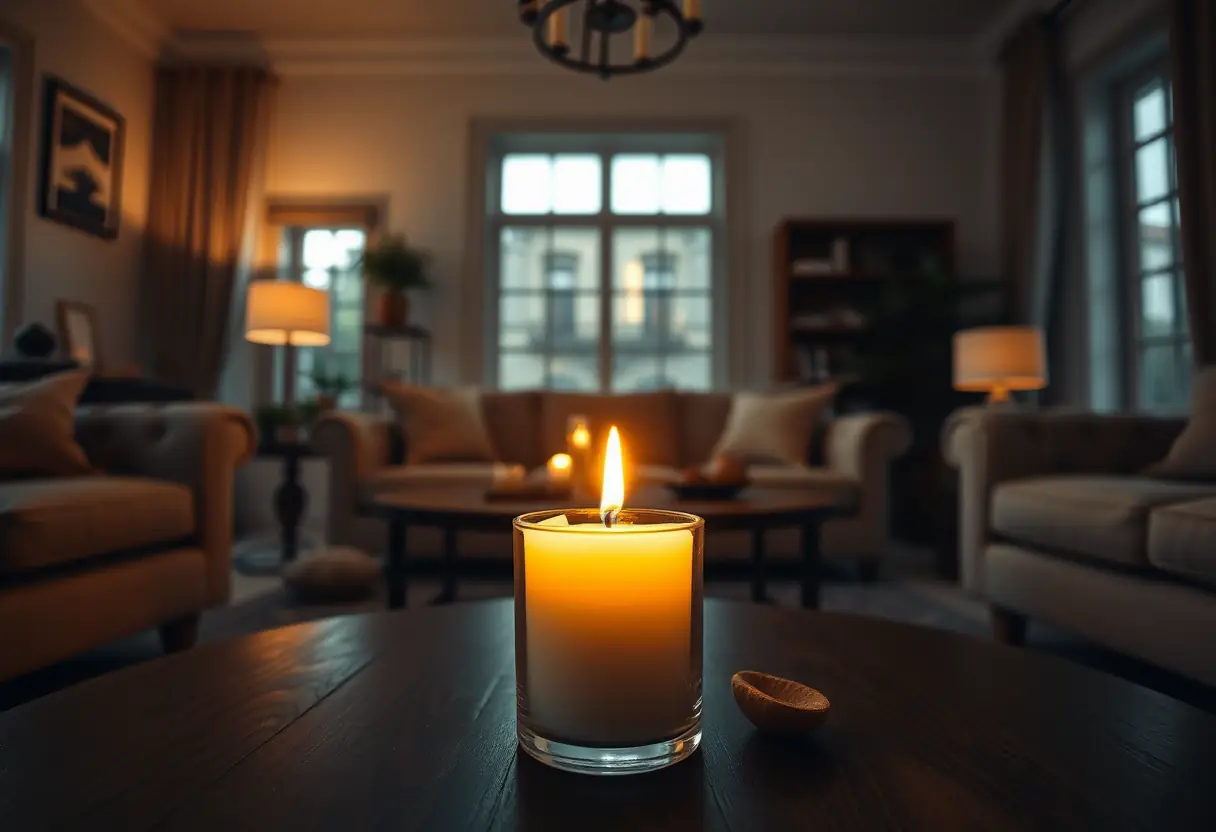 Un salon éclairé par la douce lumière d'une bougie woodwick sur une table basse, créant une atmosphère chaleureuse et accueillante.