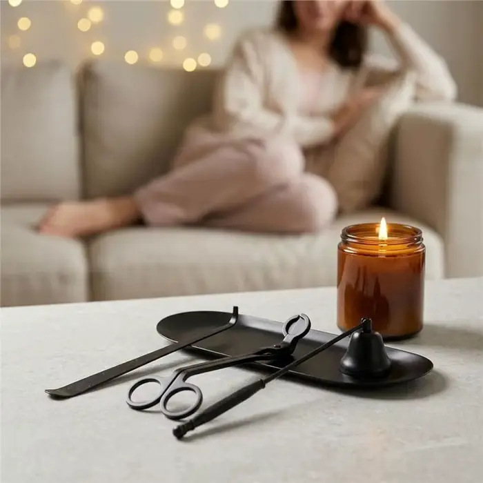 BSEVB - Pour les amateurs de bougies - Kit d'entretien 4-en-1 pour bougies comprenant un coupe-mèche, un éteignoir, un bâtonnet pour bougie et un plateau de rangement P