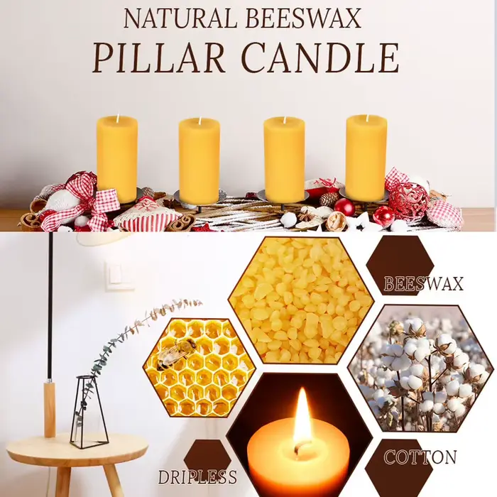 Lot de 4 bougies piliers en cire d'abeille naturelle 2 "x 4"