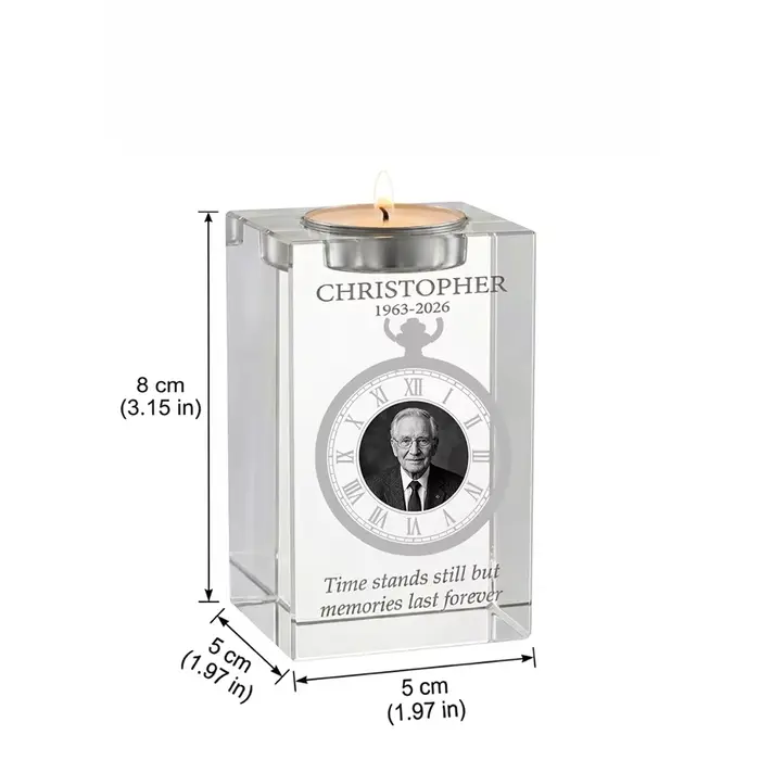 Porte-bougie commémoratif personnalisé en cristal, avec photo et texte sur mesure, design horloge gr