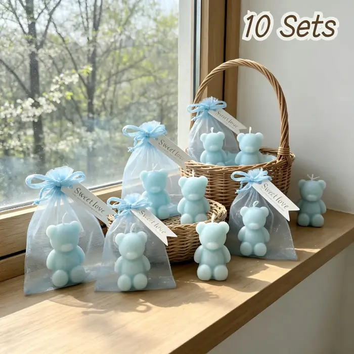 10 Kits de Bougies Souvenirs Ours Bleus Mignons, Cadeaux Tout-en-un pour Baptême, Fête Prénatale, Fi