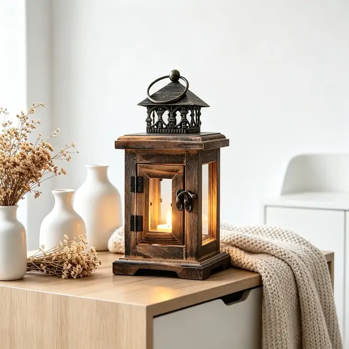 Lanterne à bougie en bois style ferme, porte-bougie rétro en verre, décoration suspendue ou à poser 