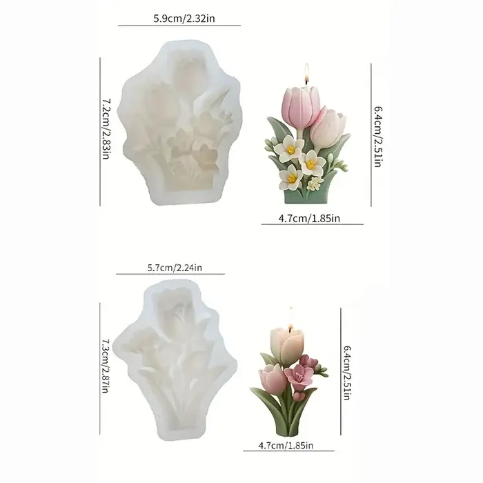 Moule à bougie florale deux pièces, design de bouquet à fond plat, forte flexibilité, artisanat de b