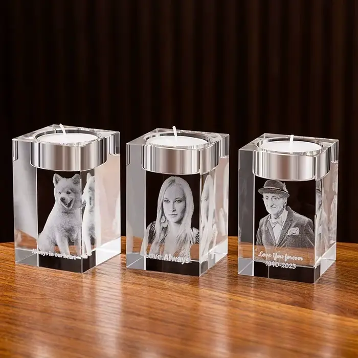 Bougeoir personnalisé avec Photo gravée, impression en cristal, cadeaux commémoratifs, commémoration de la famille et des animaux de compagnie, pour toujours