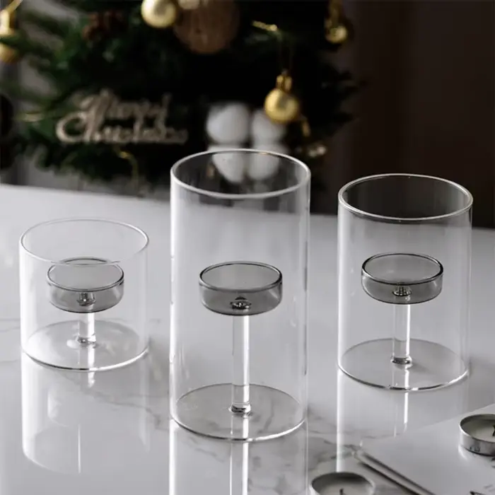 Porte-bougie en verre de style européen créatif, résistant à la chaleur, transparent, avec base solide, centre de table pour fête