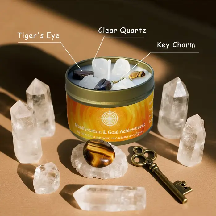 Bougie parfumée cristal de cannelle et bois de santal pour manifestation réalisation d'objectifs décoration intérieure ambiance zen et réussite